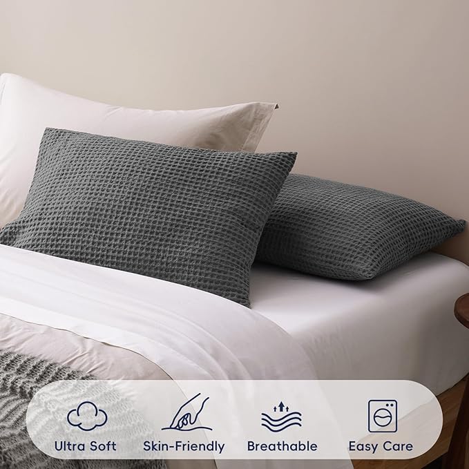 PHF Ultra Soft Waffle Weave Pillow Shams Queen Size, No Insert, 2 Pack 20" x 30" Pillowcases,Breathable & Skin-Friendly Pillow Cases, Stylish Decorative Bed Pillow Cases Covers, Grey