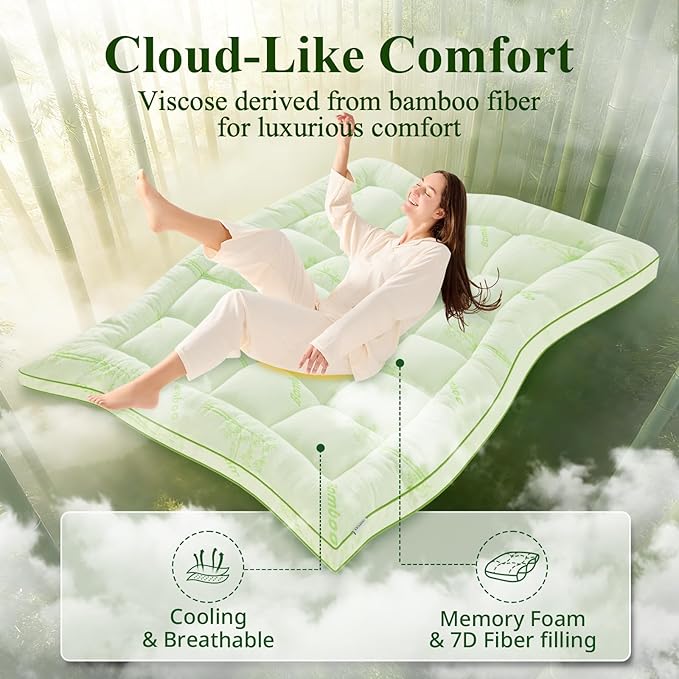 Memory Foam Mattress Topper - Viscose Made from Bamboo Pillow Top Thick Full Size Mattress Pad for Back Pain, Ultra Soft & Cooling for Hot Sleepers, 6-18'' Deep Pocket, Green