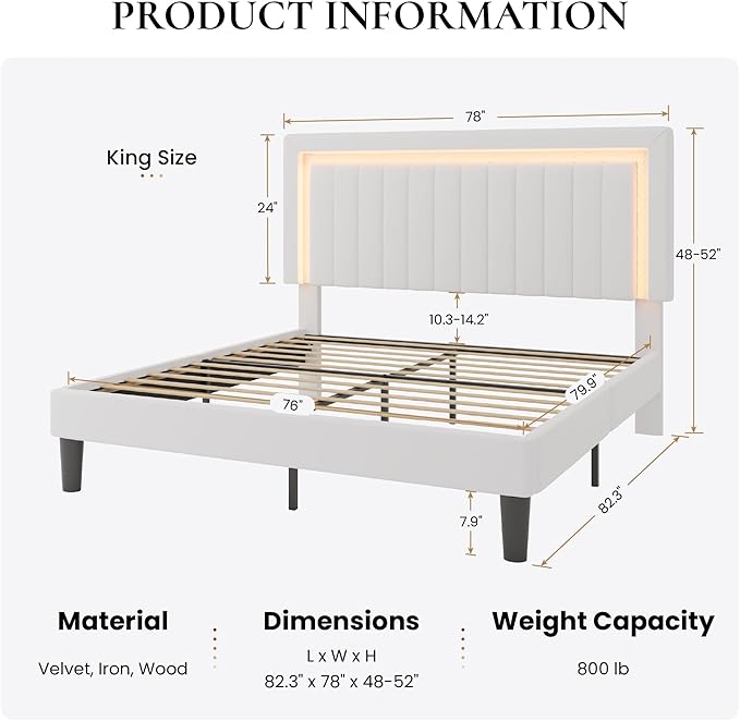 SHA CERLIN King Size Velvet Bed Frame with LED Light, Adjustable Vertical Channel Tufted Headboard, Strong Wooden Slats Support, Noise-Free, No Box Spring Needed, White