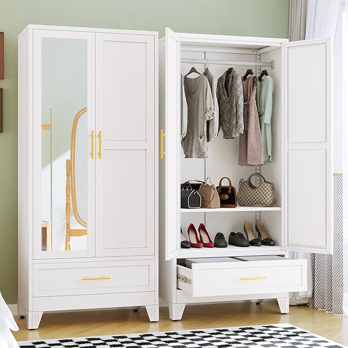 RIETERN Metal Armoire Wardrobe 71" Tall Closet, Bedroom Closet with Mirror, 1 Drawer, Adjustable Shelves, and Hanging Rod, Steel Clothes Closets and Storage, for Bedroom White