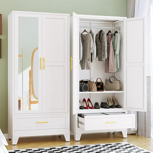 RIETERN Metal Armoire Wardrobe 71" Tall Closet, Bedroom Closet with Mirror, 1 Drawer, Adjustable Shelves, and Hanging Rod, Steel Clothes Closets and Storage, for Bedroom White
