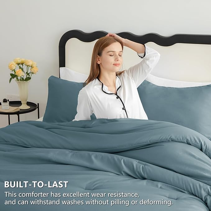 CozyLux Queen Comforter Set Mineral Blue, 3 Pieces Solid Comforters Queen Size Breathable Bedding Sets, Luxury Soft Lightweight Bed Set with Down Alternative Comforter and 2 Pillowcases All Seasons