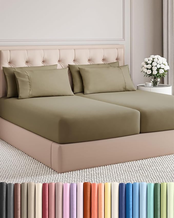 Split King 7 Piece Sheet Set - Comfy Breathable & Cooling - Hotel Luxury Bedding for Women, Men, Kids, Teens & Children - 1 Flat & 2 Fitted Sheets & 4 Pillowcases w/ Deep Pockets, Wrinkle Free - Khaki