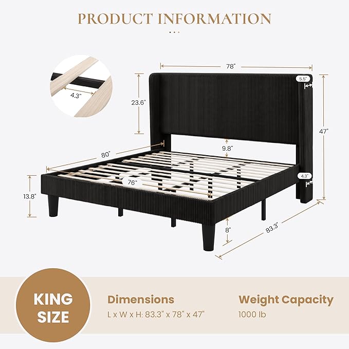 SHA CERLIN King Size Corduroy Upholstered Platform Bed Frame with Vertical Channel Tufted Wingback Headboard, 8" Under Bed Storage, Wooden Slats & Metal Frame Support, Easy Assembly, Black