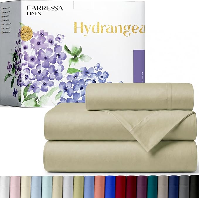 Carressa Linen 100% Egyptian Cotton Twin Sheets Set - 600 Series Hydrangeas Collection Egyptian Cotton Luxury Twin Sheets (3 PC, Sand), 16" Deep Pocket, Soft, Cooling, Sateen Weave Bedding