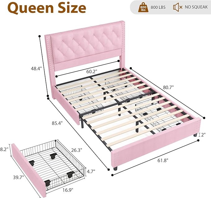 EVLIQUIL Bed Frame Queen Size with 4 Storage Drawers, Upholstered Headboard & Frame, Sturdy Metal Frame & Wood Slats, Platform Bed Frame No Box Spring Needed, Easy Assembly, Pink
