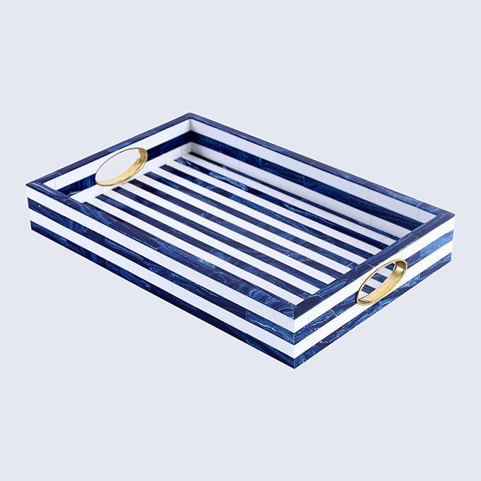 Handicrafts Home Blue White Striped Decorative Tray, Optique Madrid Collection, Rectangular Serving Tray with Handles, Modern Coffee Table Ottoman Tray, Resin Brass Inlay Handmade Hostess Tray 17x11