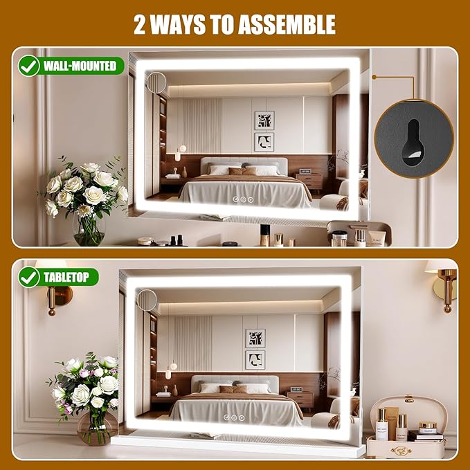 Vanity Mirror with Lights 32"x20", LED Makeup Mirror, 3 Color Lighting Modes, 10X Magnification, Smart Touch Control, Dimmable, Aluminum Metal Frame, Lighted Up for Vanity Desk (White)