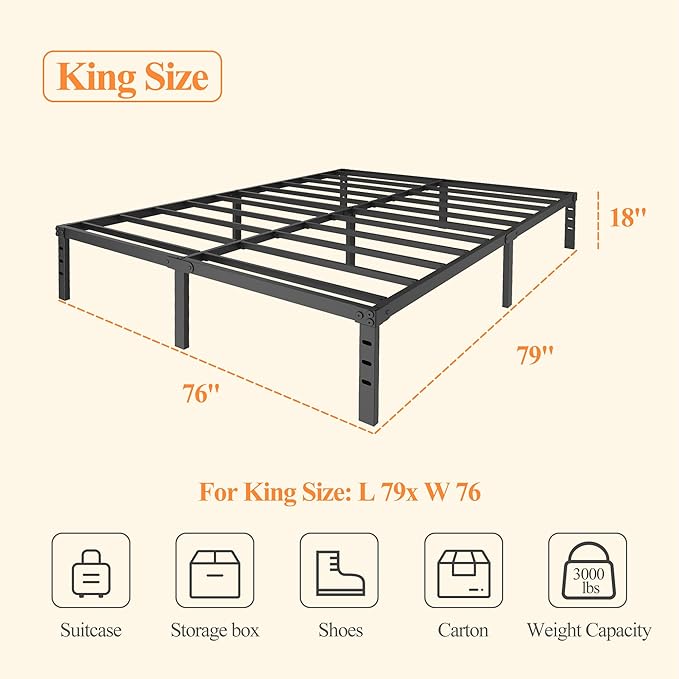 18 Inch King Size Metal Bed Frame, Heavy Duty Platform with Maximum Underbed Storage, Sturdy Steel Slats, Easy Assembly, No Box Spring Needed, Black