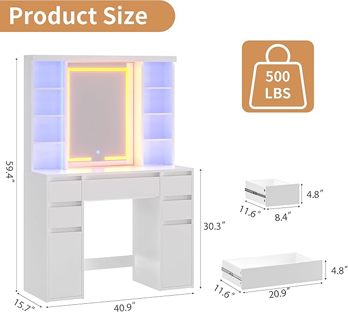 COWMOU Tall Vanity Desk with LED Mirror and RGB Lights Shelves, White Makeup Vanity with Power Outlet, Vanity Table with 5 Sliding Drawers & 2 Cabinets for for Bedroom and Dressing Room
