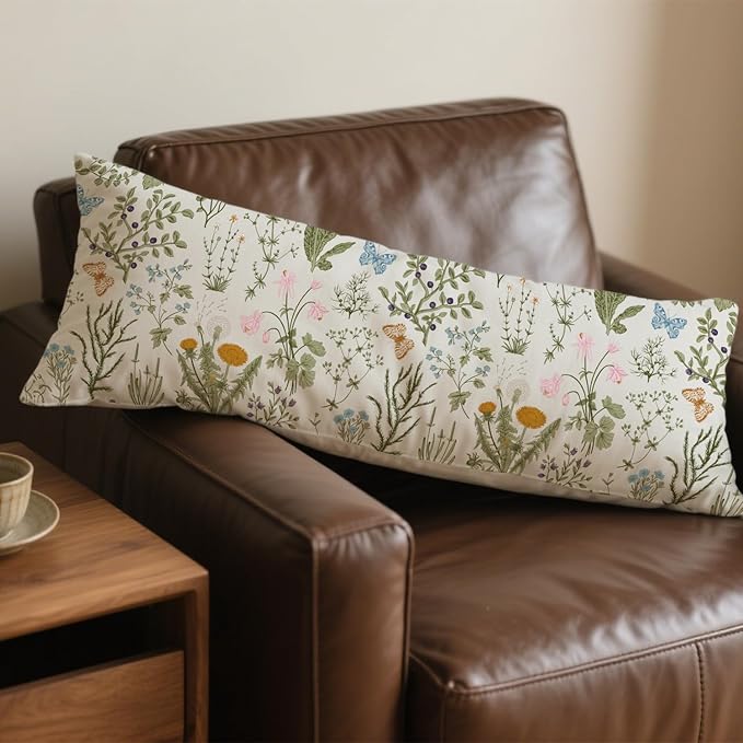 Vintage Floral Botanical 20x54 Body Pillow Cover, Cottagecore Room Decor, Rustic Cottagecore Wildflower Plant Decorative Long Body Pillow Cases for Bed Couch