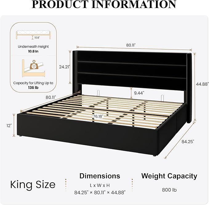 SHA CERLIN King Size Lift Up Storage Bed/Velvet Upholstered/Modern Wingback Headboard/Upholstered Platform Bed Frame/Hydraulic Storage/No Box Spring Needed/Black