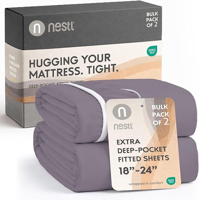 Nestl 2 Pack Dusty Purple Fitted Sheet Extra Deep Pocket, Hotel Luxury QueenFitted Sheet Only Easily Fits 18 to 24 Inch Mattress, Super Soft, Wrinkle-Free and Breathable with Corner Straps
