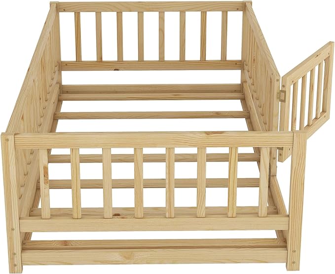 Bellemave Twin Size Montessori Floor Bed with 21.5" High Rails and Slats, Pine,Plywood Floor Bed with Small Door, Natural