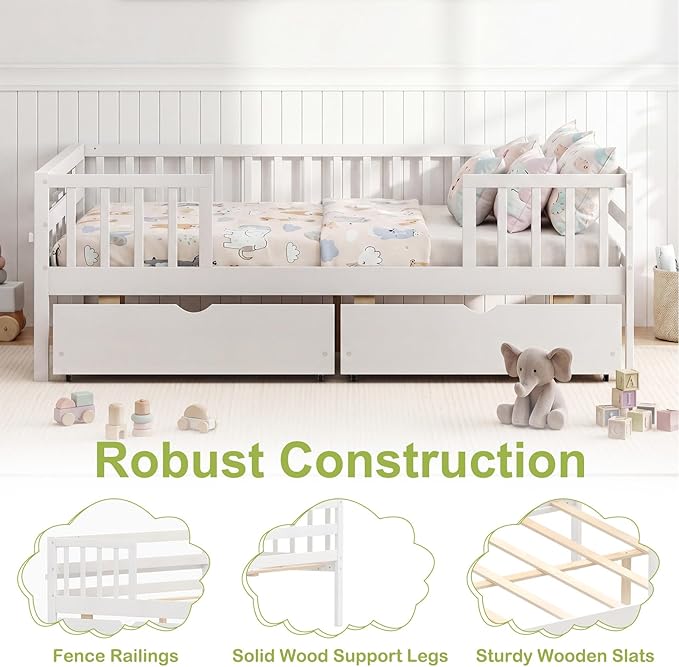 Giantex Full Kids Bed with Storage Drawers, Wood Montessori Bed with Rails & Side Shelf, Low Daybed Bed Frame for Boys Girls, No Box Spring Needed (White)
