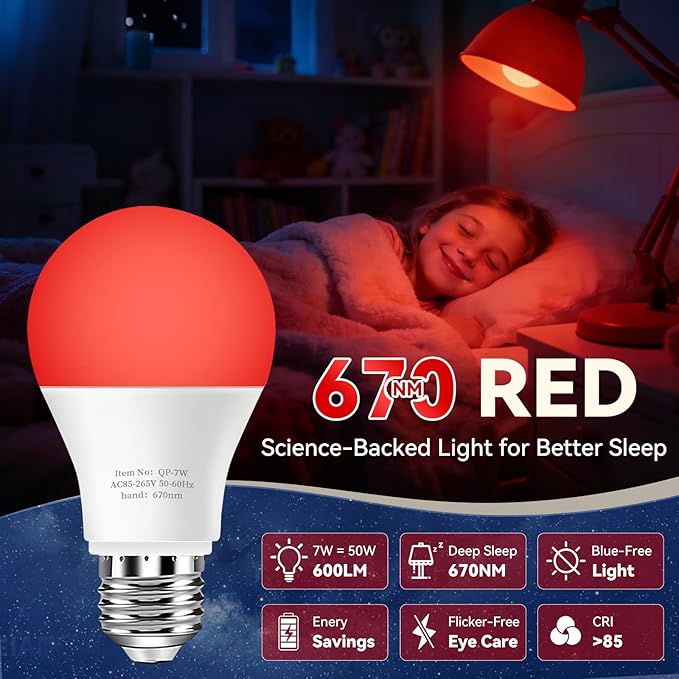Neporal 670nm Red Light Bulb for Sleep, 100% Blue Light Blocking Bulb for Melatonin Promote, A19 7W LED 50W Red Light Bulb for Lamp, Sleep, Read, Baby Nursery, 1Pack (White When Off, Red When on)