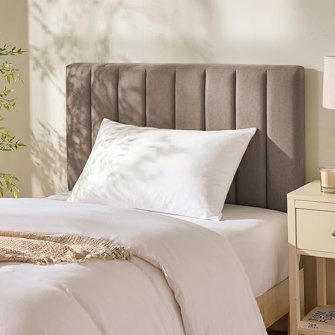 Hearth & Harbor Upholstered Twin Headboard - Easy Assemble Channel Stitched Headboard Twin Size - Wall Mounted Headboards with 3D Soundproof Wall Panels Peel & Stick Floating Headboards, Mocha