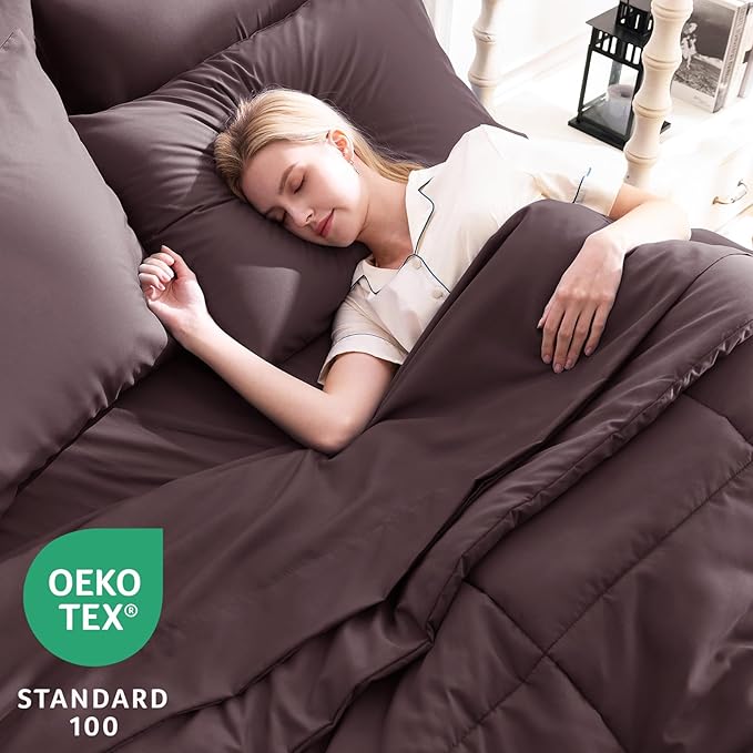 CozyLux Queen Comforter Set Cocoa Powder, 7 Pieces Bed in a Bag, Brown Comforters Queen Size, All Season Bedding Sets with Stitch Quilted Comforter, Flat Sheet, Fitted Sheet, Pillowcases