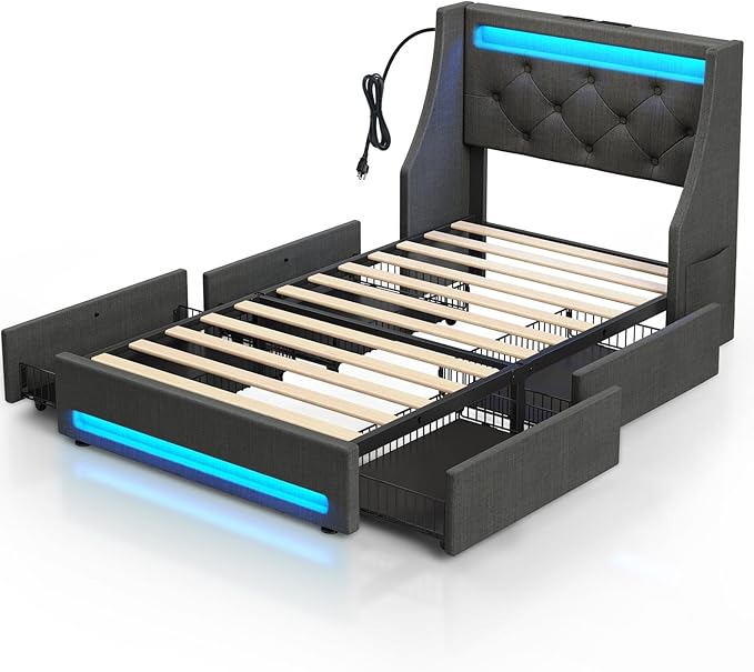 Rolanstar Twin Bed Frame with LED Lights and Charging Station, Upholstered Bed with Drawers, Wooden Slats, Noise Free, Easy Assembly, Dark Gray