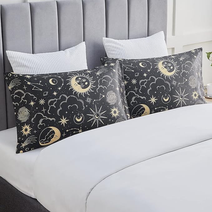 EXQ Home Satin Pillowcase for Hair and Skin - Black Printed Silk Pillowcase 2 Pack 20x26 inches - Standard Satin Pillow Cases Set of 2 with Envelope Closure, Gifts for Women Men