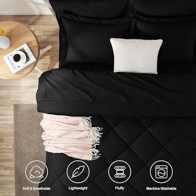 CozyLux Full Size Comforter Sets Black - 7 Pieces Bed in a Bag Full, Luxury Soft Bed Set for All Seasons, Bedding Set with Down Alternative Comforter, Sheets, Pillowcases & Shams
