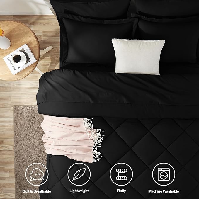 CozyLux King Size Comforter Set Black - 7 Pieces Bed in a Bag King, Luxury Soft Bed Set for All Seasons, Bedding Set with Down Alternative Comforter, Sheets, Pillowcases & Shams