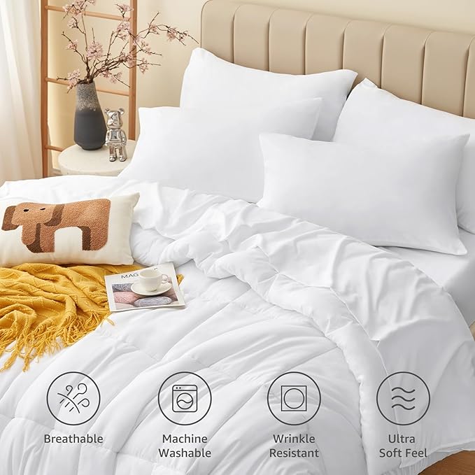 CozyLux Full Size Comforter Sets White, 7 Pieces Bed in a Bag, White Comforter Full Size, All Season Bedding Sets with Stitch Quilted Comforter, Flat Sheet, Fitted Sheet, Pillowcases