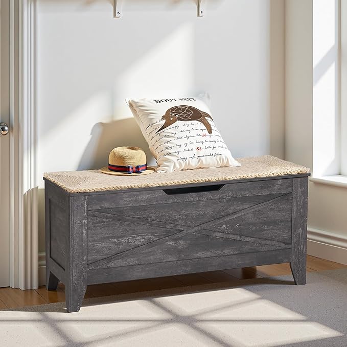 VECELO 43.3" Storage Chest with Lift Top Storage, Farmhouse Style Ottoman with Handwoven Wicker Cushion, Safety Hinges, Ideal for Entryway, Bedroom, Living Room, Coal Gray