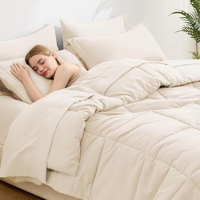 Love's cabin Queen Comforter Set Beige, 7 Pieces Queen Bed in a Bag, All Season Bedding Sets with 1 Comforter, 1 Flat Sheet, 1 Fitted Sheet, 2 Pillowcase and 2 Pillow Sham | Soft, Breathable, Lightweight, Comfortable