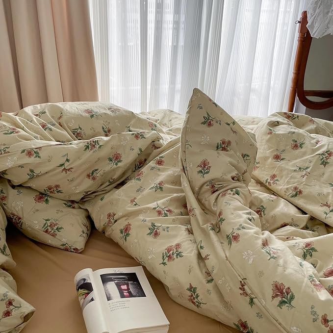 mixinni Vintage Floral Duvet Cover Twin XL Size - 3 Piece 100% Cotton Cottagecore Red Flowers & Green Leaves Bedding, Soft Botanical Comforter Cover & Pillowcases, Aesthetic Spring Bed Set for Girls