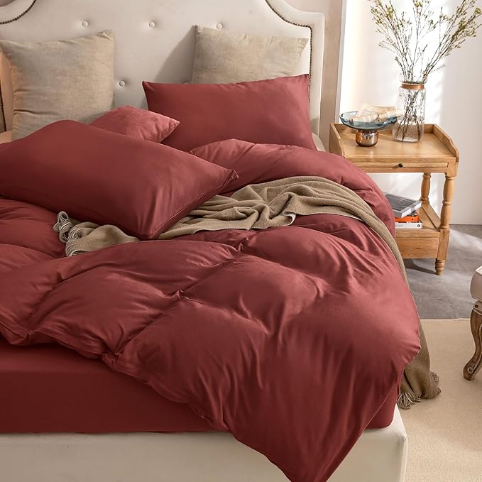 PURE ERA Jersey Knit Duvet Cover Set 100% T-Shirt Cotton Super Soft Comfy 3pc Bedding Set with Zipper Closure (Solid Brick Red, King, 104'' x 90'')
