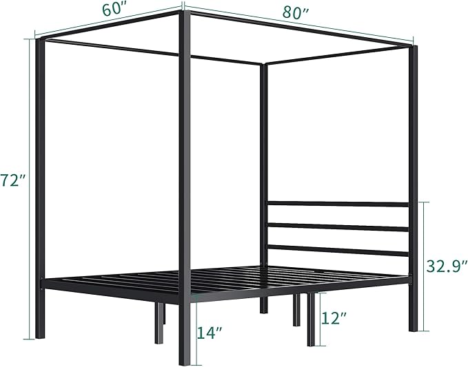 YITAHOME Canopy Bed Frame Queen Size Metal Four Posters 14 Inch Platform with Built-in Headboard Strong Metal Slat Mattress Support, No Box Spring Needed, Black