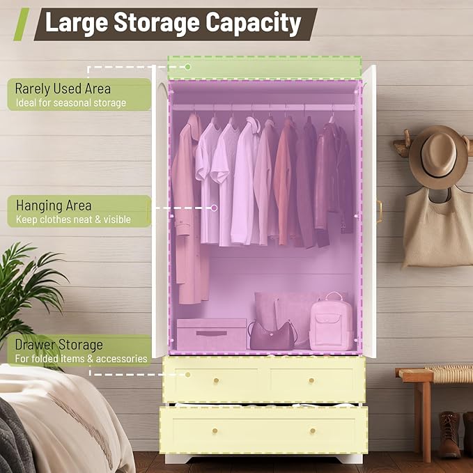Set of 2 Armoire Wardrobe Closet, with Full-Length Mirror, Bedroom Armoires with 2 Storage Drawers & 2 Door Cabinet, White Freestanding Wardrobe Combination with Hanging and Organizing Clothes