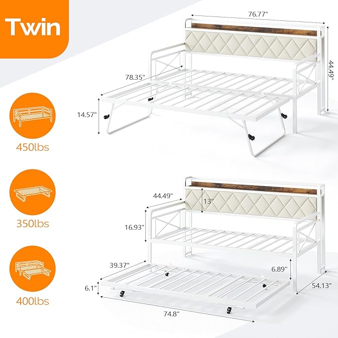 VINGLI Twin Daybed with Trundle Bed, Sofa DayBed with LED Light & Charing Station, Upholstered Bed Frame with Storage Headboard and Heavy Duty Metal Slats, for Living Room, Bedroom, Guest Room, White
