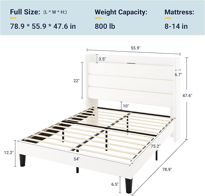 Allewie Full Size Upholstered Bed Frame with Charging Station & Storage Headboard, Soft Velvet Wingback Platform Bed, Strong Wooden Slats Support, No Box Spring Needed, Easy Assembly, White