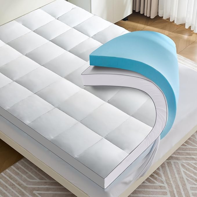 4 Inch Dual Layer Mattress Topper Queen Size, 2 Inch Cooling Gel Memory Foam and 2 Inch Down Alternative Pillow Top Pad for Back Pain, with 8-21 Inch Deep Pocket