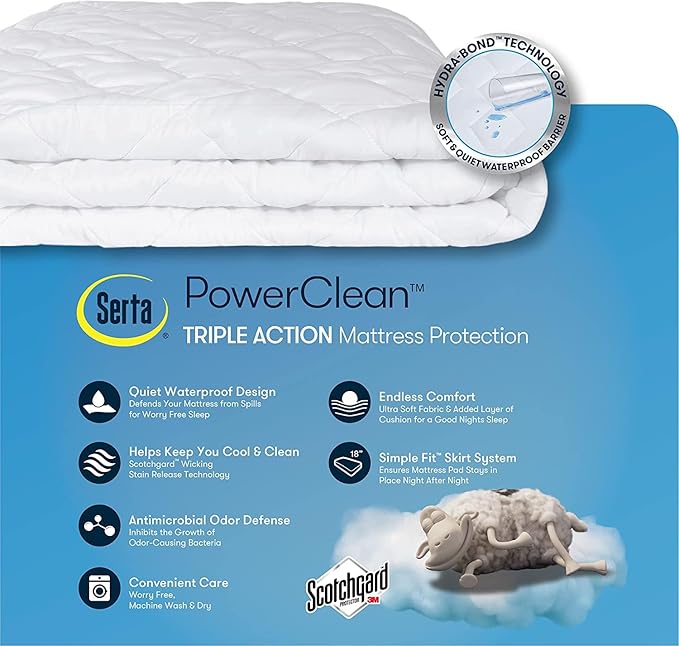 SERTA Power Clean Triple Action Quilted Soft Waterproof Mattress Pad Protector, Moisture Wicking Protection with 15" Deep Pocket, California King, White