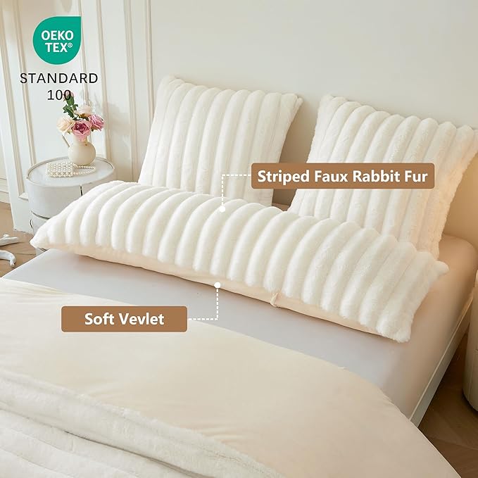 MEGO Fluffy Faux Rabbit Fur Body Pillow Cover, Cozy Plush Fuzzy Wide Striped 20x54 Ivory Body Pillowcase, Decorative Shaggy Furry Zippered Bedroom Long Pillow Cover for Pregnancy Side Sleeper, Beige