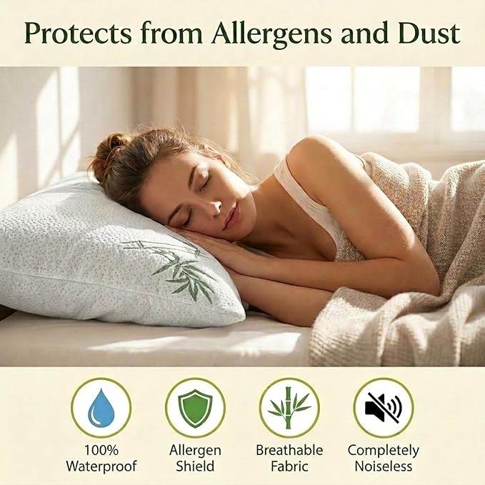 Four Seasons Essentials Standard Size Waterproof Pillow Protectors (Set of 2) - Natural Viscose derived from Bamboo Pillow Covers - Zippered Encasements for 20" x 26" Pillows