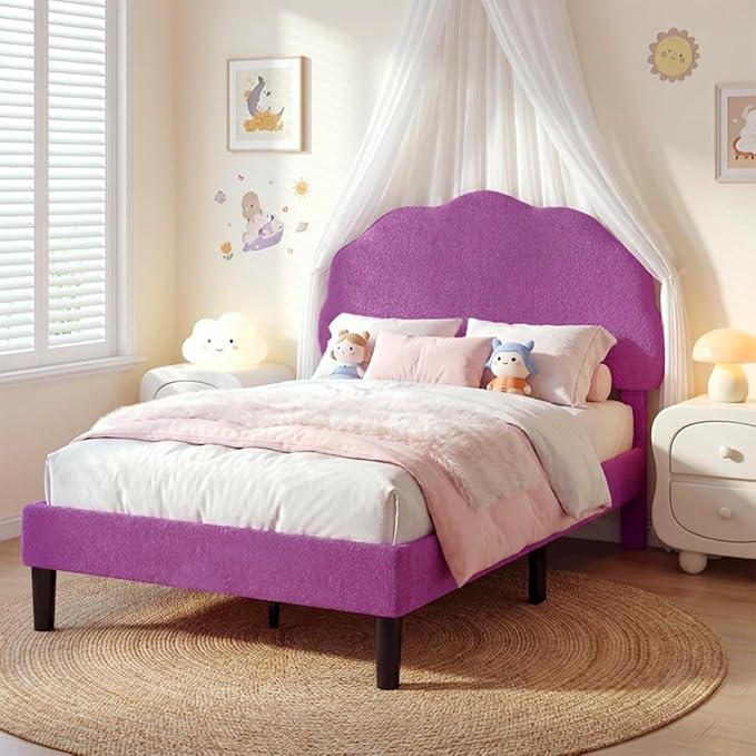 VECELO Twin Size Bed Frame, Upholstered Platform Bedframe with Height Adjustable Plush Fabric Headboard, Strong Wood Slat Supports, No Box Spring Needed, Purple