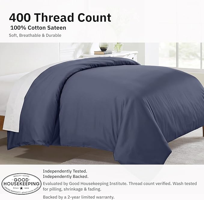 California Design Den 100% Cotton Duvet Cover Queen/Full Only - Winner Good Housekeeping Best Bedding Awards 2025, Premium 400 Thread Count Sateen, Button Closure & Corner Ties - Indigo Dusty Blue
