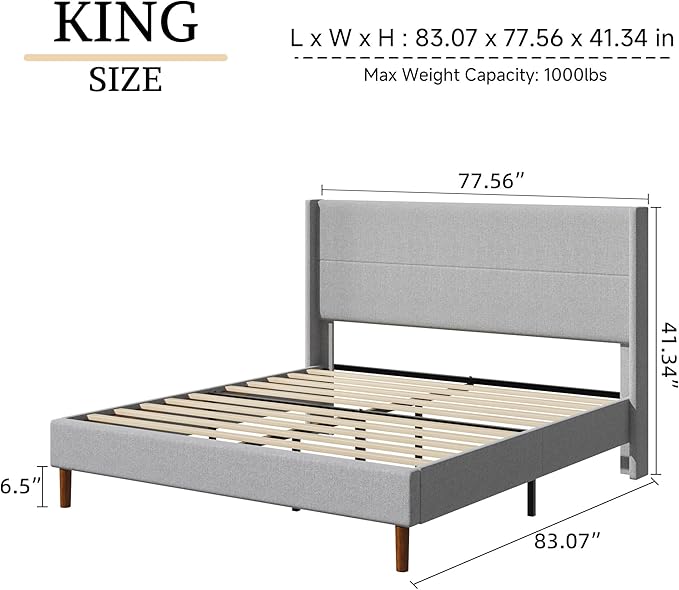 King Size Bed Frame, Linen Upholstered Platform with Wingback Headboard, Wooden Slats Support, No Box Spring Needed, Easy Assembly, Lightgrey