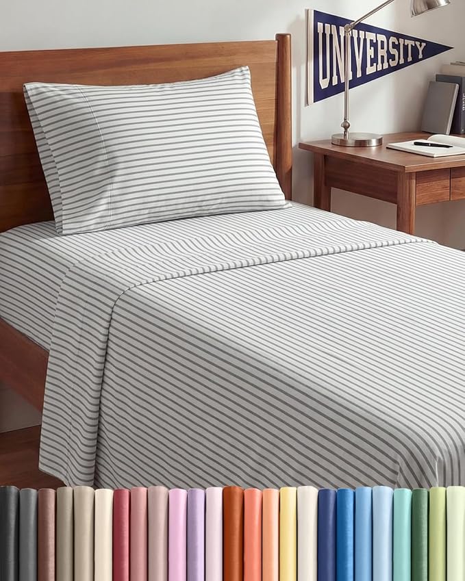 Twin XL Size 3 Piece Sheet Set - Comfy Breathable & Cooling Sheets - Hotel Luxury Bed Sheets for Women & Men - Deep Pockets, Easy-Fit, Soft & Wrinkle Free Sheets - Grey Stripes Oeko-Tex Bed Sheet Set