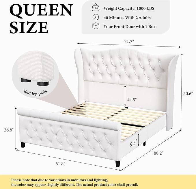 koorlian Queen Bed Frame,Chenille Upholstered Sleigh Bed with Scroll Wingback Headboard & Footboard,Luxury & Soft Button Tufted Queen Size Modern Bed,Easy Assembly,No Box Spring Needed