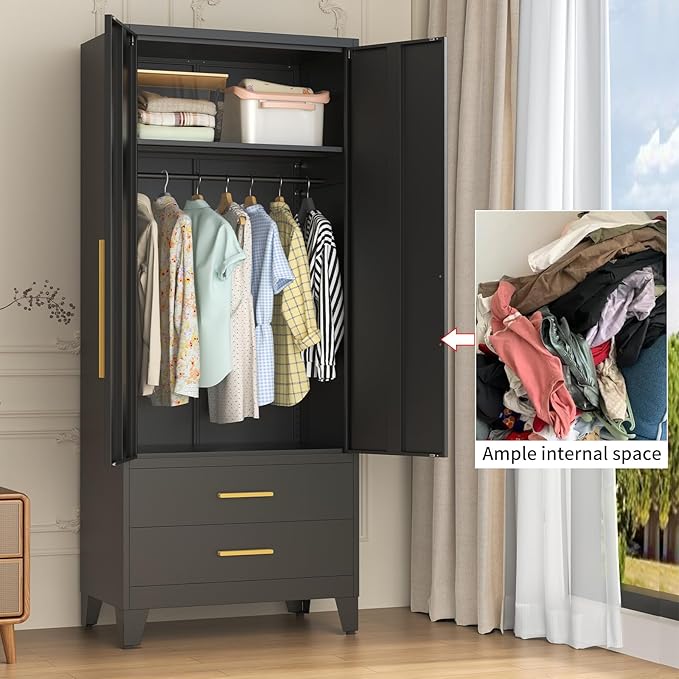 75.3" Tall Metal Wardrobe Closet - Large Clothing Storage Cabinet with 1 Hanging Rod, 1 Adjustable Shelve, 2 Drawers & 2 Doors - Closet Organizer for Bedroom, Office, Laundry Room, Garage - Black