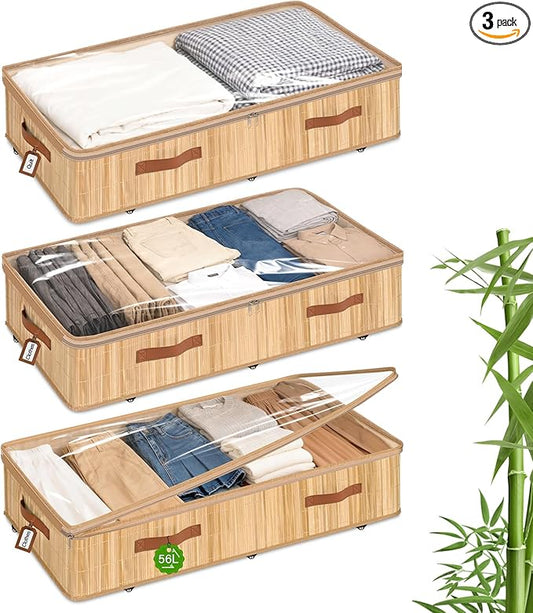 Livole 3 Pack Bamboo Under Bed Storage with Wheels, 6 inches Underbed Storage Containers, 56L XXL Rolling Under Bed Storage Bins with Clear Lid & Label for Clothes, Blankets, Sweater, Shoes