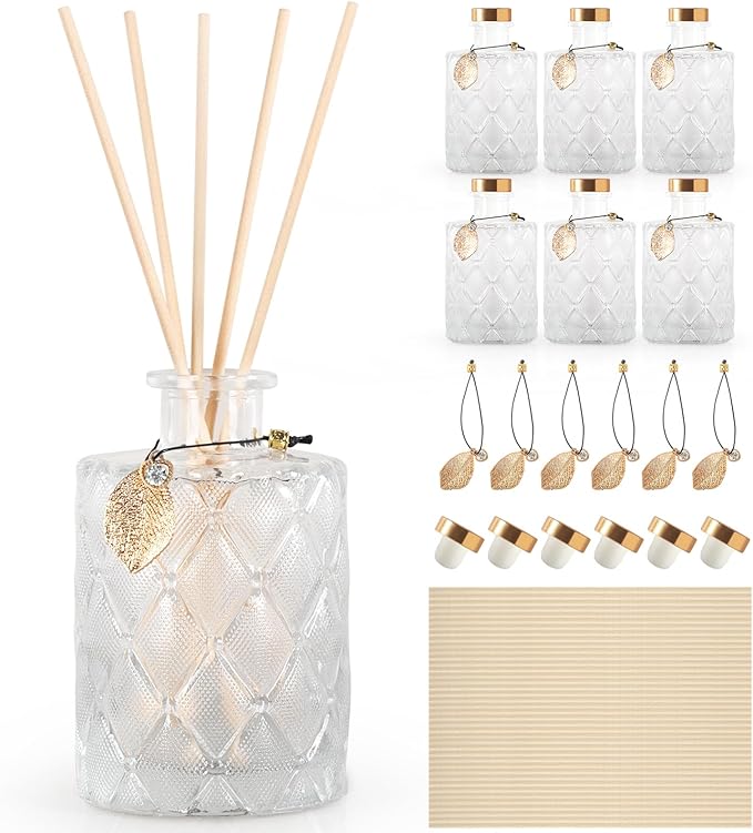 Glass Reed Diffusers Bottles for Home, Diffuser Bottles with 40PCS Reed Diffuser Sticks, Vintage Embossed Apothecary Style Flower Bud Vases with Cork Lids, Set of 6