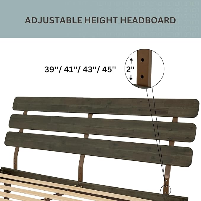 Bme Caden King Size Bed Frame and Adjustable Headboard, 15 Inch Mid Century Retro Style - Solid Acacia Wood - No Box Spring Needed - 12 Strong Wood Slat Support - Easy Assembly - Charcoal Mocha
