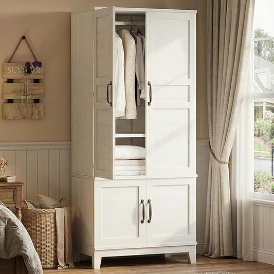 IDEALHOUSE Armoire Wardrobe Closet with 4 Doors, 72" Tall Wooden Clothing Wardrobe with Hanging Rod & DIY Adjustable Shelf, Heavy Duty Bedroom Armoire Storage Cabinet, Rustic White