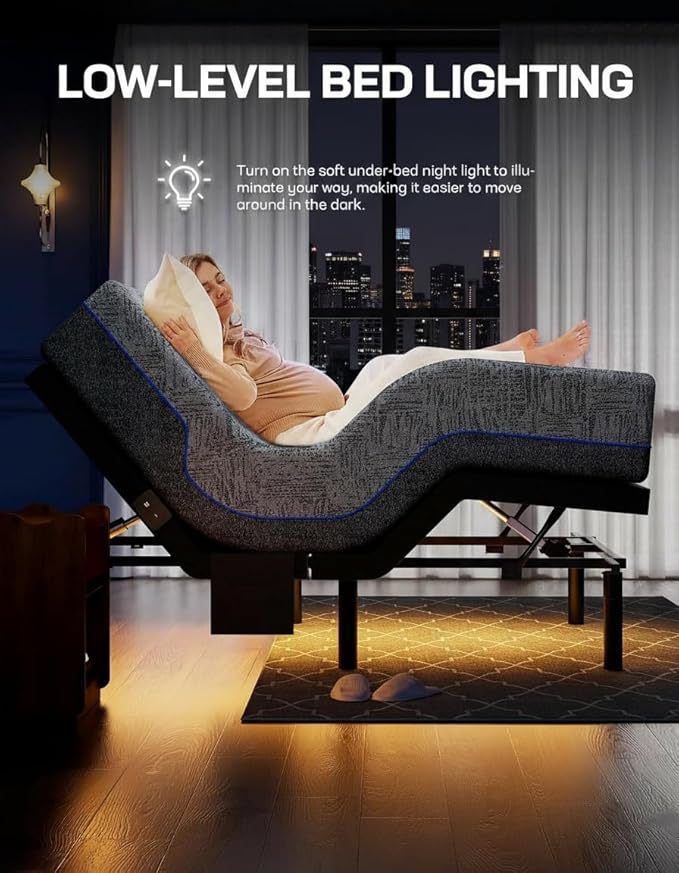 Marsail Queen Adjustable Bed Frame with Massage, Electric Adjustable Bed Base with Head & Foot Incline, Quiet Motor Adjustable Bed Frame with USB Ports, LED Light, Height-Adjustable Legs
